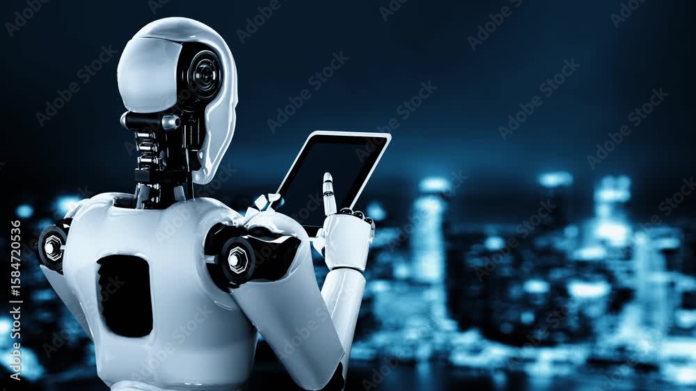 Poster internet connection controlled by ai robot huminoid and machine learning process to analyze data con