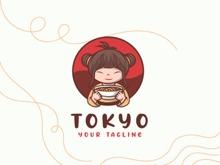 Adorable Anime Girl Enjoying a Bowl of Ramen:  Japanese Restaurant Logo Design, Cute Style, Happy Mood