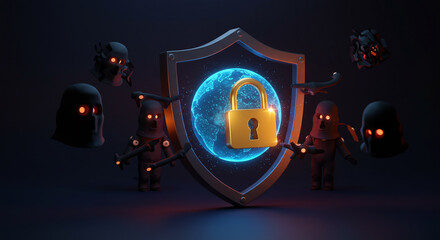 An illustration or photo representing data protection, highlighting the concept of securing digital information from external threats such as hacking, data theft, and privacy breaches. Common visual e