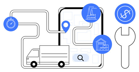 Delivery van follows a mapped route with location marker, stopwatch, and icons for warehouse and factory. Ideal for supply chain, transportation, delivery, time management, production, cost