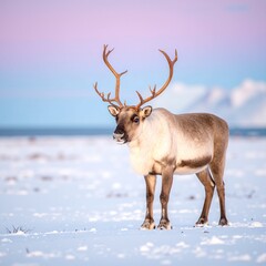 Obraz premium A majestic reindeer stands gracefully in a snowy landscape, its impressive antlers adorned with a dusting of snow, surrounded by a serene winter scene.