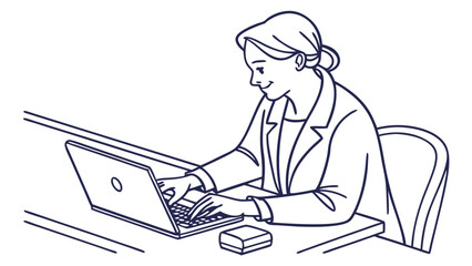 Woman working on laptop, line art illustration for business and remote work concepts