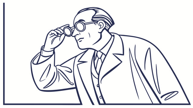 Man with Lorgnette Looking Intently - Line Art Illustration
