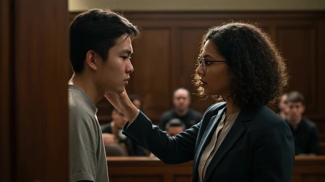Lawyer Comforts Young Man In Courtroom Scene Featuring A Dark Blue Business Suit And Wood Paneled Background In A Judicial Setting