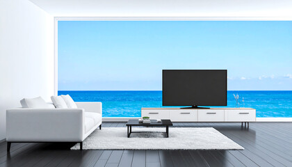 Modern living room with a stunning ocean view, featuring a white sofa, black TV, and minimalist decor, creating a serene and stylish atmosphere