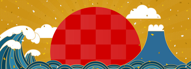 大波と富士山の間に日が昇る金色背景素材（横長）