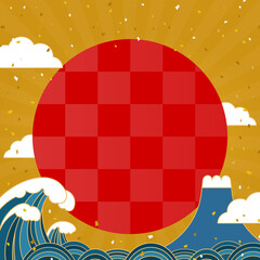 大波と富士山の間に日が昇る金色背景素材（正方形）