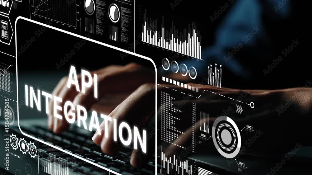 Fototapete Hands Typing on Keyboard with API Integration Data Visualization and Statistics in Background for Technology Concepts. Asymptotic smart data analytic.