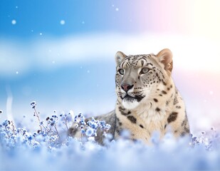 Obraz premium A majestic snow leopard rests gracefully among vibrant wildflowers, its striking fur blending beautifully with the colorful petals surrounding it.