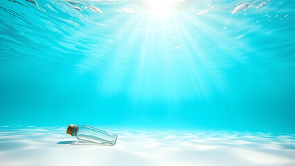 Fototapeta premium A serene underwater scene featuring a clear glass bottle resting on a sunlit sandy ocean floor with rays filtering from above.