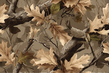 Vector pattern of camouflage with leaves and branches, in brown tones, hyper-realistic, high resolution.Seamless Forest Camo Featuring Real Tree Design for Military and Hunting Use