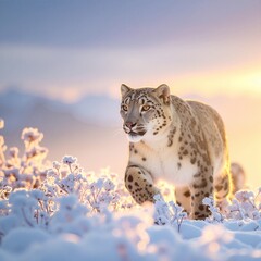 Obraz premium A majestic snow leopard gracefully traverses a pristine, snow-covered landscape, its thick fur blending beautifully with the wintry surroundings.