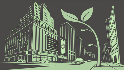 Naklejka premium Urban sustainability cityscape with green energy leaves and modern buildings architecture illustration