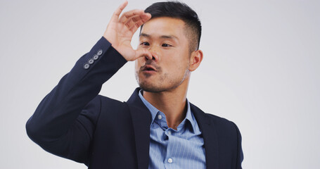 Comedy, funny face and nose with business man on studio space for insult, mocking or ridicule....