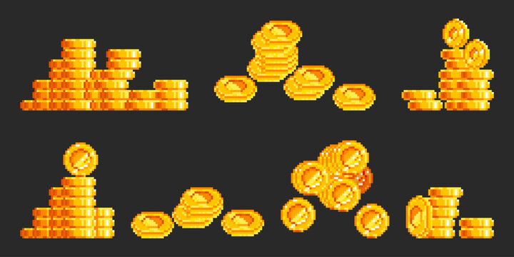 Pixel art gold coin stacks in retro 8 bit style - shiny yellow treasure piles with various heights on dark background for arcade game currency, video game loot or digital reward system graphics.