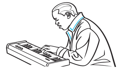 Line Art Illustration of a Musician Playing an Electronic Keyboard. Focused Man Performing Music on a Digital Piano.