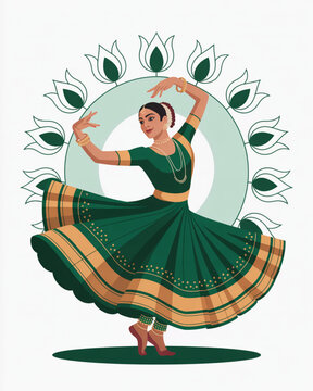 Kathak Dancer Twirling in Skirt with Bells &mdash; Surrounded by Lotus Motifs