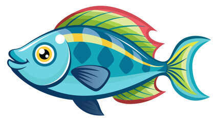Naklejka premium Vector art of a whimsical cartoon fish with a playful expression glides through the water, its fins a vibrant green and red