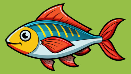Vector art of a colorful cartoon fish with blue and red fins swims in the green sea