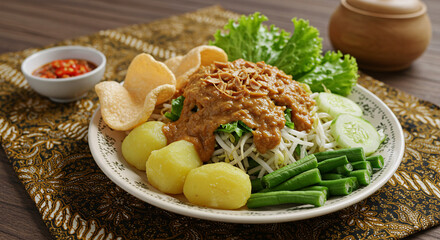 Authentic Indonesian culinary delight: A plate of gado-gado, a vibrant Indonesian salad, showcasing a harmonious blend of fresh vegetables, savory peanut sauce, and crispy crackers.