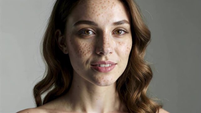 there is a woman with freckles on her face and a white shirt