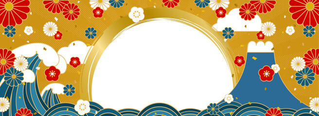 大波と富士山に和風の花を散りばめたフレーム素材／金色背景（横長）