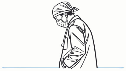 Obraz premium Healthcare worker in mask and scrubs looking down. Medical professional contemplation, exhaustion, or reflection. Line art illustration.
