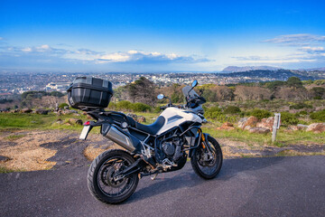 Adventure Motorcycle Parked on Scenic Mountain Road in South Africa