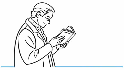 Focused Man in Glasses Reading Book Line Art Illustration Symbolizing Learning and Knowledge