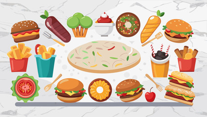 Vector art of a vibrant cartoon assortment of burgers, fries, donuts, and drinks arranged on a marble background, ideal for a playful and engaging design