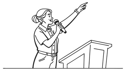 Woman Public Speaker at Podium Pointing Upward, Delivering Speech with Microphone. Black and White Line Art Illustration.