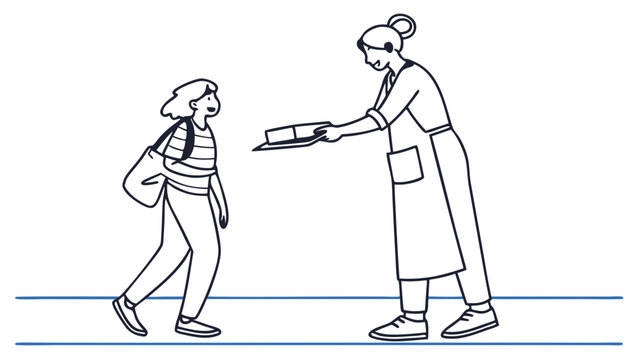Server offering food to customer. Simple line art illustration of hospitality, cafe, or restaurant service concept.