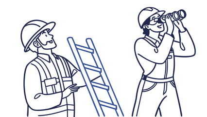 Line art of two workers in hard hats with binoculars and a ladder, looking up. Concept of inspection, observation, and teamwork.