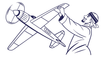 Obraz premium Smiling man holds toy propeller plane, dreaming of flight. Simple line art illustration.