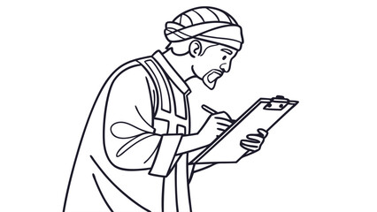 Traditional Man Writing on Clipboard Illustration. Focused Male Figure in Turban Taking Notes. Historical Line Art.