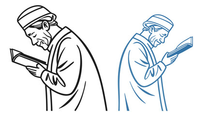 Elderly man in traditional cap and robe reading a book, black and blue line art vector illustration