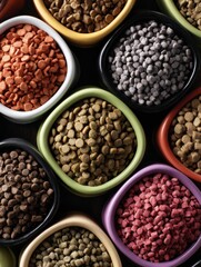 Fototapeta premium Variety of Pet Kibbles Displayed in Colorful Bowls Highlighting Diverse Shapes and Sizes With a Clean Background
