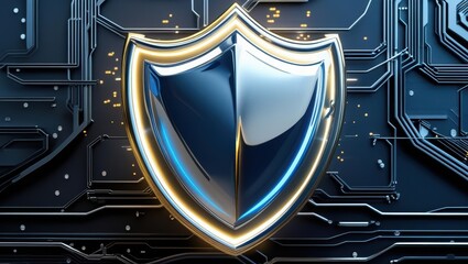 Futuristic digital shield icon with glowing edges on a high-tech circuit board background for cybersecurity technology concept