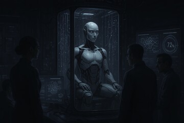  A dimly lit, high-tech laboratory where scientists and engineers observe a humanoid AI robot awakening for the first time. The robot is seated in a sleek glass chamber.