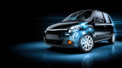Sleek black car with digital interface elements, showcasing modern technology and innovation