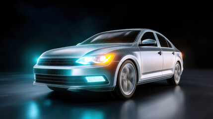 Fototapeta premium Futuristic car with digital overlay, glowing lights, and sleek design on dark background. image conveys innovation and technology