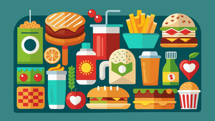 Vector art of a delightful assortment of colorful fast food items, featuring burgers, drinks, fries, and tempting desserts