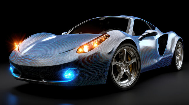 Sleek sports car with digital wireframe overlay, showcasing modern design and technology. car is illuminated with blue and orange lights