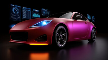 Sleek red sports car with futuristic digital interfaces in background, showcasing advanced technology and innovation