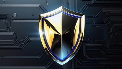Highly detailed futuristic shield emblem with glowing accents and circuitry background symbolizing security protection technology and cybersecurity concept