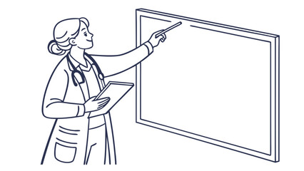 Outline illustration of a doctor teaching or presenting on a blank screen