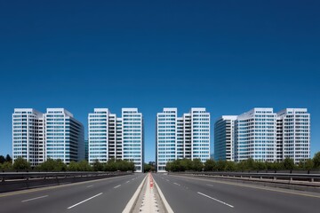 Obraz premium Office Buildings Along Highway on Clear Day