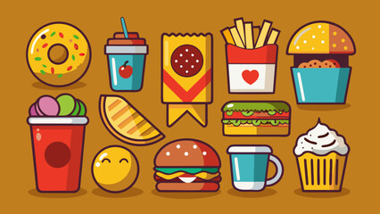 Vector art of a cheerful assortment of fast food icons, featuring burgers, donuts, fries, and sweet treats, set against a warm, inviting background