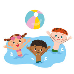 プールや海でビーチボールで楽しむ子供達