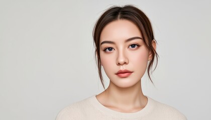 Fototapeta premium Elegant Portrait of a Young Woman with Natural Makeup and Soft Light